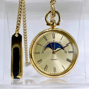 Vintage SEIKO 7424-001B Gold tone Moon Phase Celestial Pocket Watch - Picture 1 of 12