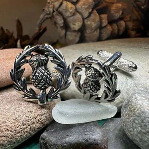 Thistle Cuff Links Scotland Scottish Men's Cufflinks Celtic Pewter Gift - Picture 1 of 10