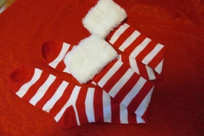 WOMENS SANTA ELF SOCKS KNEE HIGH FUR TRIM CANDY CANE STRIPE RED NEW - Image 1 of 4