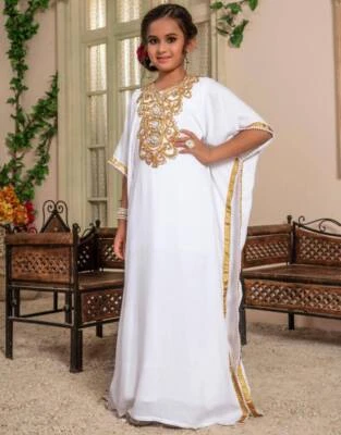 Party Moroccan Kids White Dress  Abaya Long Kaftan New Gown Wedding Georgette - Image 1 of 4