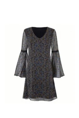 Cabi V Neck Bell Sleeve Ditsy Floral Boho Hippie Shift Dress Black Brown Blue M - Image 1 of 4