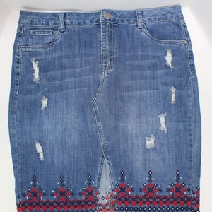 Baccini Distressed Denim Jean Skirt Sz 10 Front Slit Embroidered - Picture 1 of 10