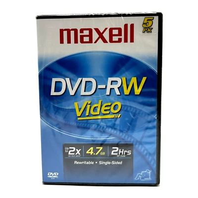 5 Pack MAXELL DVD-RW Video Up to 2X 4.7 GB 2Hrs Rewritable-Single-Side - Image 1 of 4