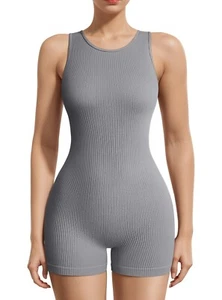 OQQ Ribbed Romper Jumpsuit Large Slimming Tummy Control Shorts Smokey Gray NEW - Picture 1 of 7