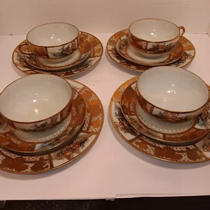 Gorgeous Nippon Paulownia Gilt Gold Scene Teacup And Saucer Set Set Of 4 - Picture 1 of 12