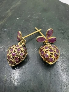 10k Ruby Encrusted Puffy Heart Shaped Italian Dangle Drop Earrings - Picture 1 of 7