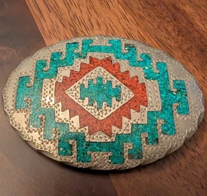  Navajo Indianer Indianer Vintage Silber Türkis Koralle Gürtelschnalle EUC - Bild 1 von 5