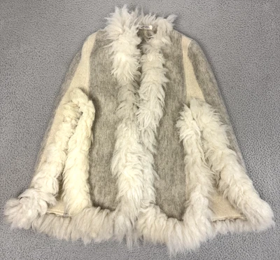 Chaleco Inti Of Peru Mujer Mediano Gris Alpaca Crema Borde de Piel Difusa Piel de Oveja Boho Foto 1 de 4