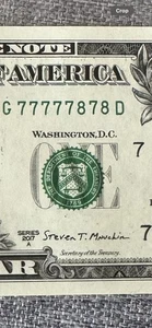 Fancy $1Binary Uncirculated Note 6 Of A-kind Seven/w 2 Eight (77777878) 2017A - Picture 1 of 2