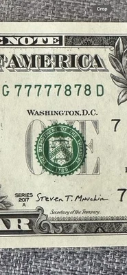 Fancy $1Binary Uncirculated Note 6 Of A-kind Seven/w 2 Eight (77777878) 2017A - Image 1 of 2