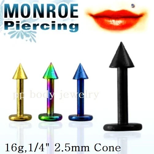 1pc. 16g~1/4"~2.5mm Cone Spike Titanium Anodized 316L Steel Labret/Monroe - Image 1 of 1