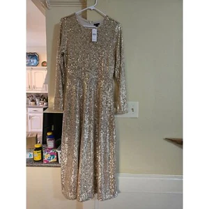 Ann Taylor Gold Sequin Midi Flare Long Sleeves Formal Dress NWT Women's SZ 6 - Picture 1 of 8