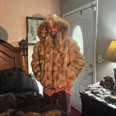 Men's Natural Real Fox Fur Coat Hooded Winter Warm Thick Jacket Overcoat Outwear - Image 1 of 2