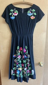 Vintage 50s Embroidered Dress Cinco de Mayo Full Skirt Festival Cocktail - Picture 1 of 6