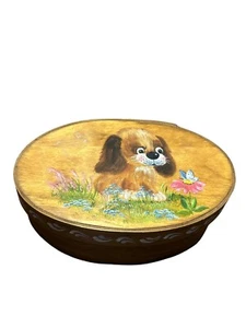 Hand-Painted Wooden Trinket Box Puppy Butterfly 8” Adorable Easter Box - Picture 1 of 3