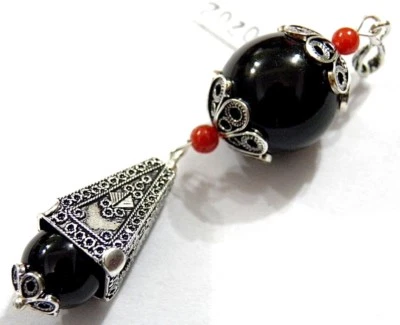 Ciondolo bottone Su Coccu,Sabegia,Kokos in filigrana onice corallo Portafortuna - Immagine 1 di 3