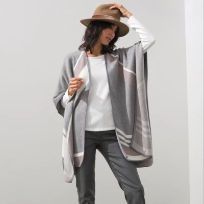 CHICO'S NUEVO CON ETIQUETAS Mantón Envolvente Gris Rayas Tejido Neutro Ruana Cubierta Tono Luna Foto 1 de 4