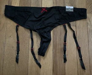 Plus Size 14/16 Lane Bryant Cacique Thong Garter Panty Black Sexy Lace Red Bow - Picture 1 of 7
