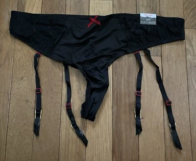 Plus Size 14/16 Lane Bryant Cacique Thong Garter Panty Black Sexy Lace Red Bow - Image 1 of 4
