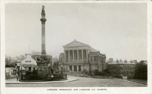 REAL PHOTO POSTCARD OF LANGSIDE MONUMENT AND CHURCH, RENFREWSHIRE, SCOTLAND - Picture 1 of 2