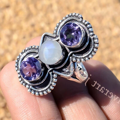 Piedra lunar arco iris genuina y corte amatista plata de ley 925 regalo para el día del padre Foto 1 de 4