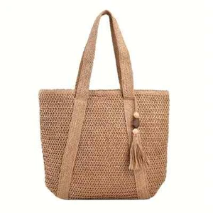 Minimalist Straw Design Shoulder Bag, Tassel Decor Summer Vacation Handbag, Beac - Picture 1 of 7