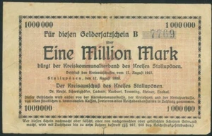 STALLUPONEN 1M Mark (17-08-1923) banknote Stalupenai s/n B-7769 Lithuania German - Picture 1 of 2