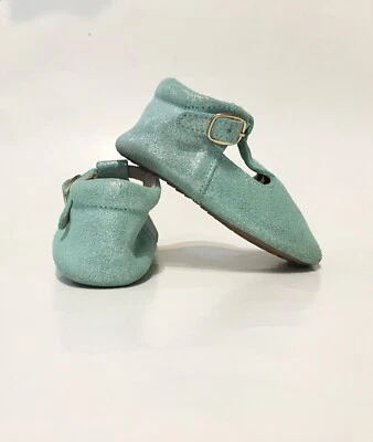 MONKEY FEET MINT GREEN T-STRAP SHOES BABY GIRLS SIZE 18-24M SILVER GLITTER - Image 1 of 4