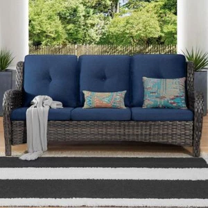Gardenbee Outdoor Patio Sofa Sectional Couch 3-Seat Wicker W/ Blue Cushions - Picture 1 of 7