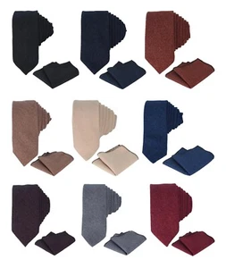 Mens Boys Herringbone Tweed Slim Tie and Pocket Square Handkerchief Hanky - Picture 1 of 62