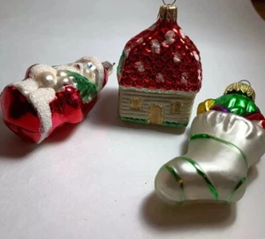 Vintage Blown Glass Christmas Ornaments Stocking, Santa, House Set Of 3 (a6) - Picture 1 of 12