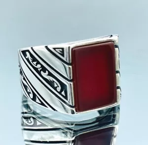 Men's Natural Gemstone Ring Agate Aqeeq Ring 925 Sterling Silver Ring Handmade - Picture 1 of 10