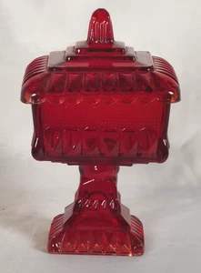 Vintage Jeanette Glas HOCHZEITSTORTE BOX Standfuß Bonboniere & Deckel - RUBINROT - Bild 1 von 22