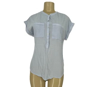 Lucky Brand Small Women Mixed Media Henley  Top Blouse Light Blue 7WD61511 K16 - Image 1 of 4