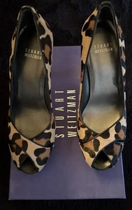 Stuart Weitzman Pumps Sz 6.5 Cognac Leopard Hair Peep Toe High Heel - NW52139 - Picture 1 of 5