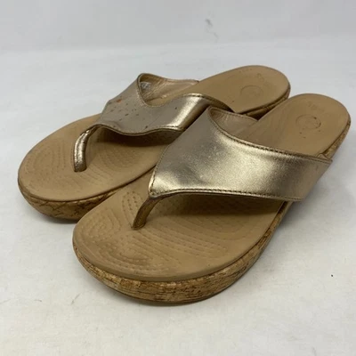 Crocs A-Leigh Womens Size 9 Cork Wedge Gold Flip Flops Thong Sandals - Image 1 of 4