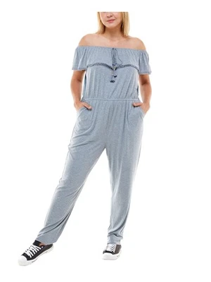 PLANET GOLD Womens Gray Tie  Crochet Trim Straight leg Jumpsuit Plus 1X - Image 1 of 4