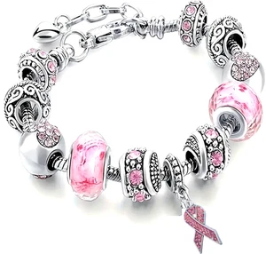 925 Silver Plated Flex Snake Murano Bead European CZ Pink Ribbon Charm Bracelet - Picture 1 of 1