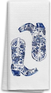 TNUW Chinoiserie Cowgirl Stiefel Küchentücher 16 x 24 Zoll, Küstenblau und Weiß  - Bild 1 von 7