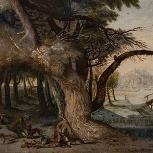 Barroco Dos pinturas caza cazador paisaje monograma AE pintura al óleo cobre siglo XVIII - Imagen 1 de 12
