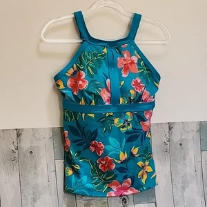 Lands' End 6DDD Modest High Neck Keyhole Geometric Floral Tankini Top Tropical - Picture 1 of 6