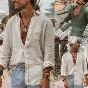 Mens Casual Cotton Linen Shirt Long Sleeve Loose Blouse Button Down Shirts Tops - Picture 1 of 9