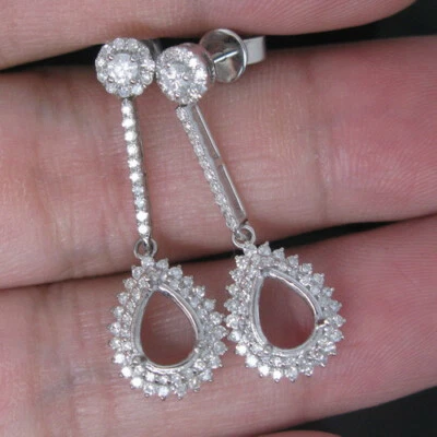  Natural Diamond Engagement Earrings Semi Mount Pear 6×8mm Solid 14K White Gold - Image 1 of 4