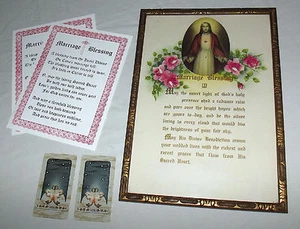 Framed Vintage Marriage Blessing Glass Cover  Hand Painted Florals Sacred Heart  - Picture 1 of 5