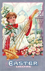 Postal de Pascua en relieve de 1909 niño de altar con flores - Imagen 1 de 3