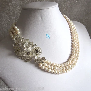 18-20 Zoll 6-7 mm Weiß 3 Reihen Natürliche Süßwasser Perlen Halskette X2327 Hochzeit Halskette - Bild 1 von 5