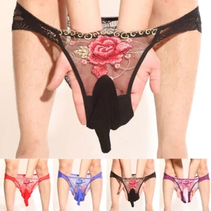 Men Floral Shiny Silky Penis Cover Briefs Glossy See Through Panties Underwear - Bild 1 von 27
