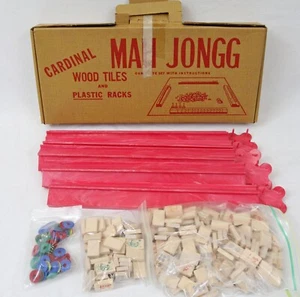 Vintage 1960s Cardinal Mah Jongg Wood Tiles Pink Plastic Racks Chips Booklet Box - Picture 1 of 11