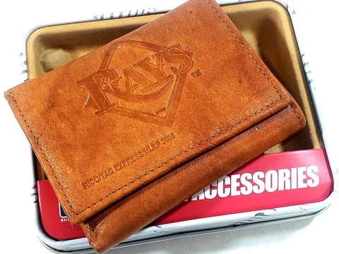 Tampa Bay Rays  Embossed Brown Leather Trifold Wallet NEW in Gift Tin BETTER Cover