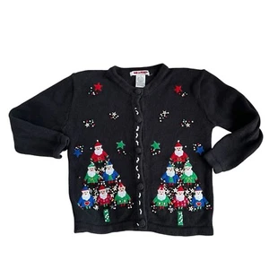 VTG 90s airport black cardigan sweater Christmas tree Santa beaded girls small - Picture 1 of 4